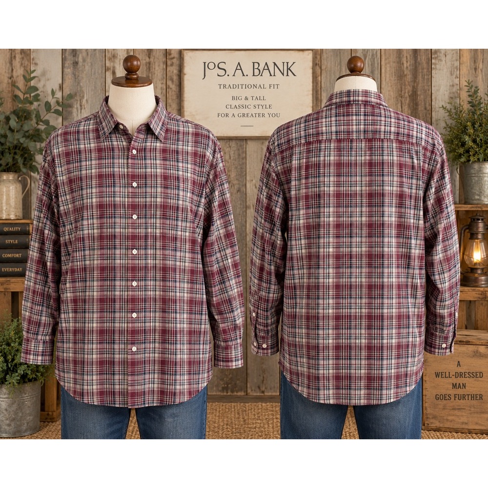 Jos. A. Bank Mens 3X Traditional Fit Plaid Button Down Shirt Burgundy Stretch